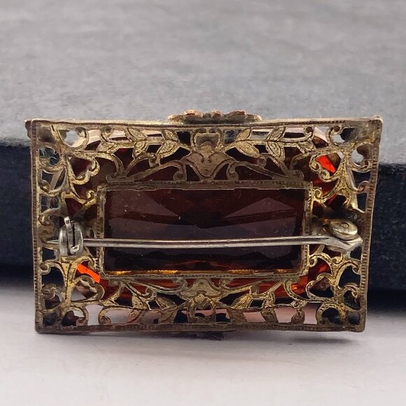 ANTIQUE Amber cognac hued faceted glass, brass, and copper rectangle brooch pin - Picture 8 of 8
